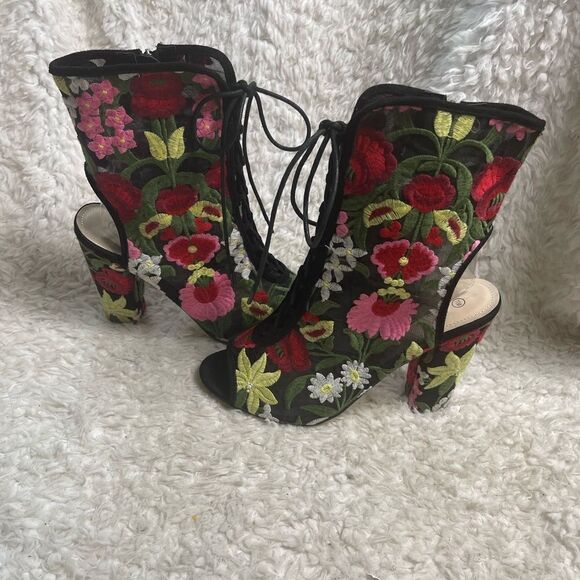 Hot tomato Sheer Mesh multi color floral embroidery lace up corset peep toeSZ11M - Picture 7 of 14